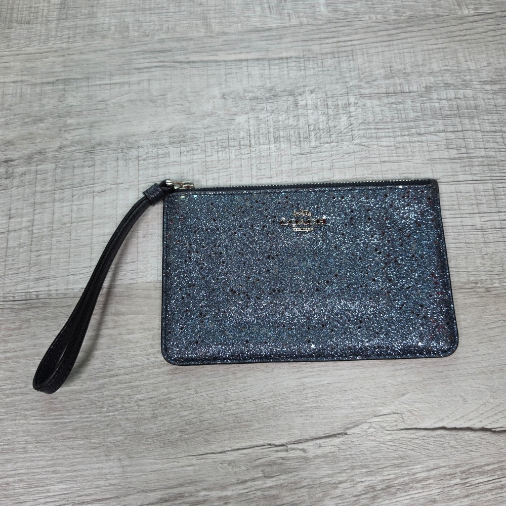 Coach Star Glitter Wristlet Navy Black Womens Crossgrain Leather Zip Clutch